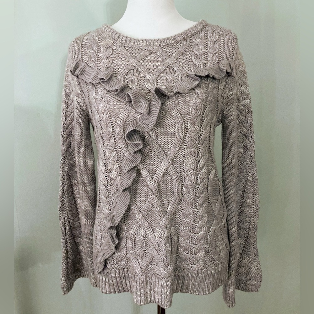 LAUREN CONRAD Gray Cable Knit Ruffled Bell Sleeve Sweater